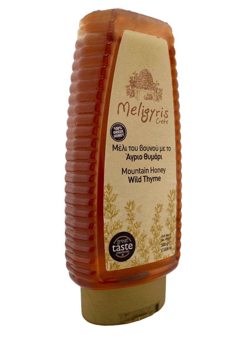 Bouteille de miel de thym de Crète Meligyris en squeezer 500 gr