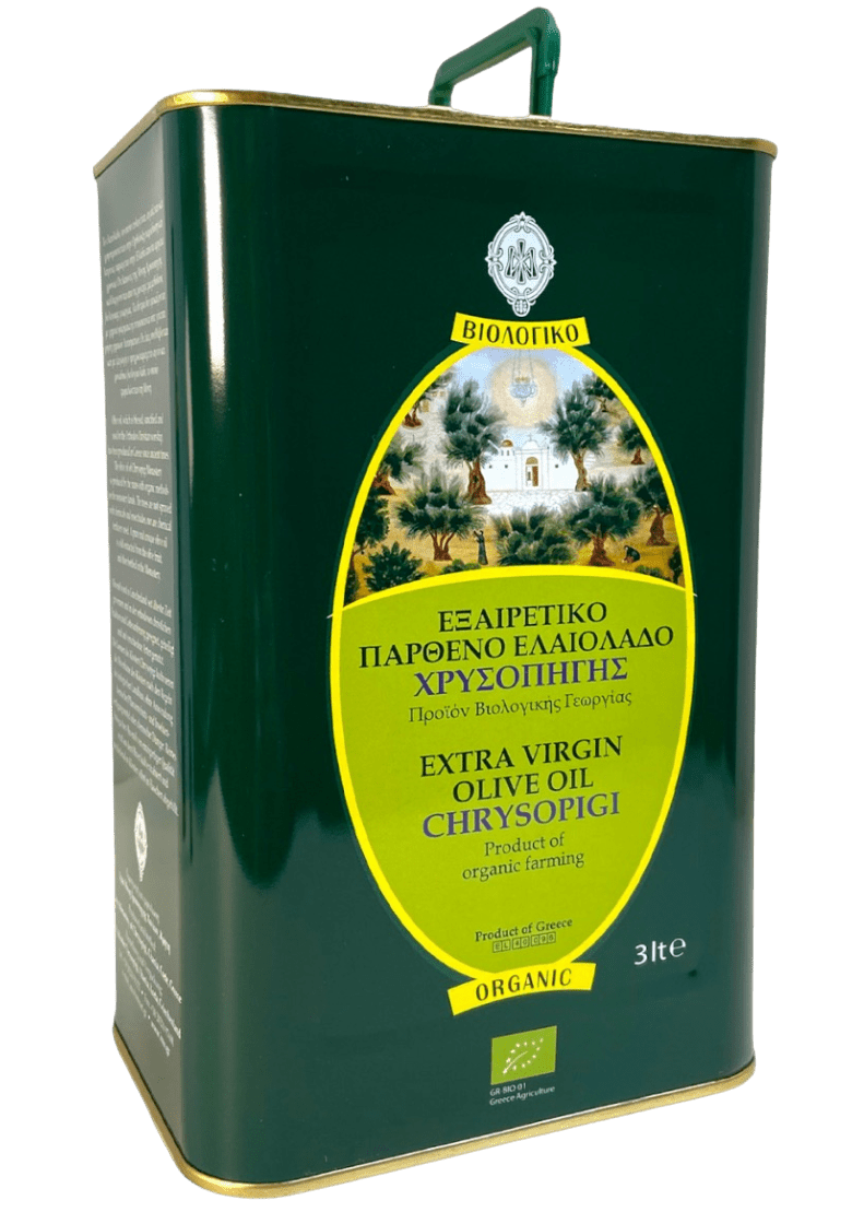 Bouteille d'huile d'olive bio Chrysopigi de 3 litres, produite en Grèce.