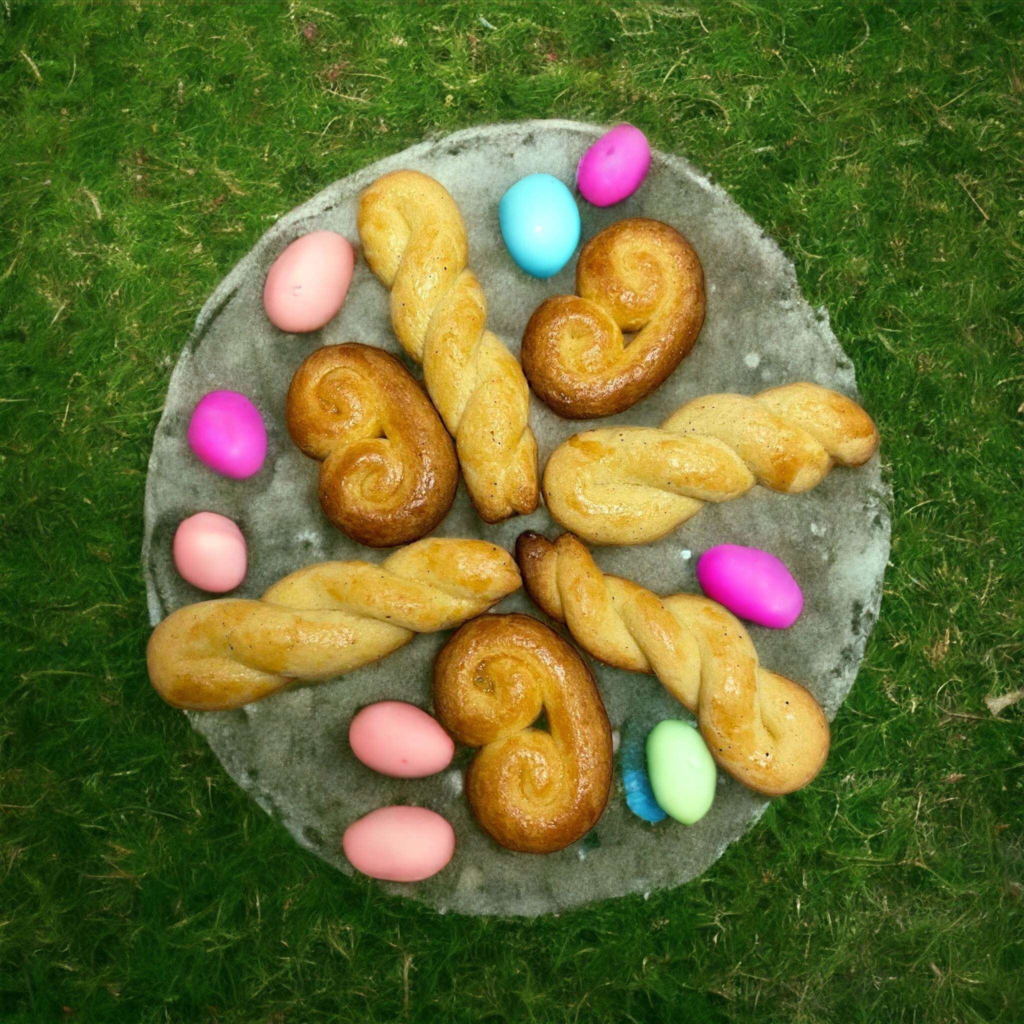 Photo de tsourekakia grecs traditionnels et d'œufs de Pâques sur une assiette en pierre, sur la pelouse.
