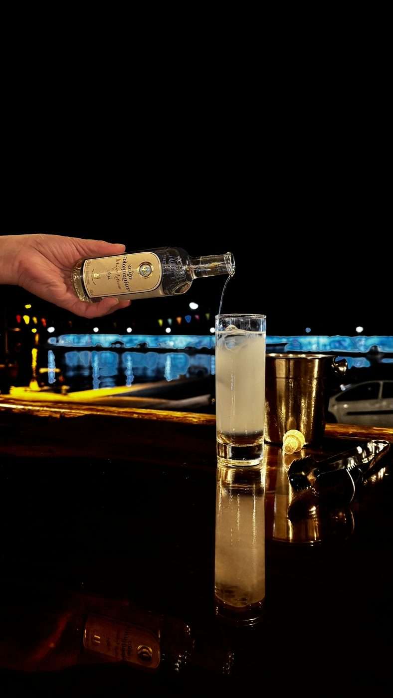 Raki crétois versé dans un grand verre à la nuit tombée, au bord de l'eau, avec un seau à glace doré