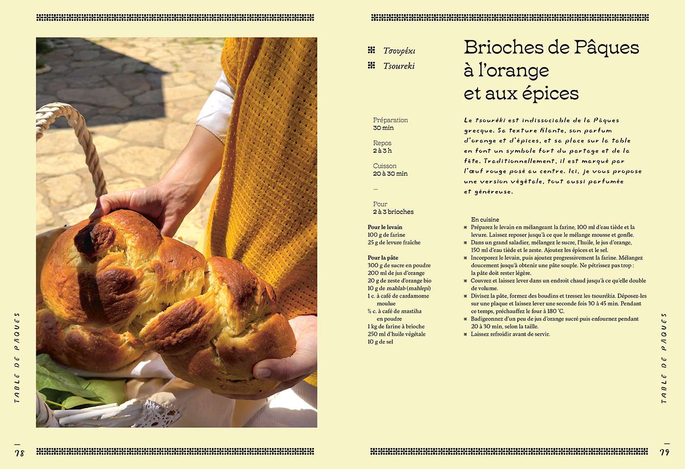Grèce vegan, mon livre : la visite en avant-première, trois jours avant sa sortie 6 Une double page du livre Grèce vegan : les brioches de Pâques à l'orange et aux épices