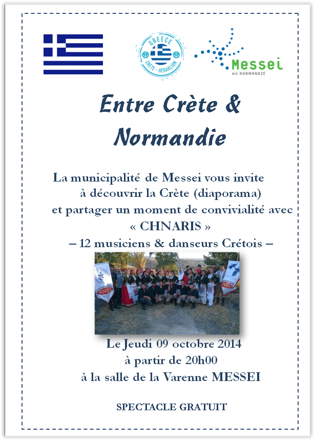 Dix ans de ponts entre la Normandie et la Crète 3 Affiche de la soirée Entre Crète et Normandie du 9 octobre 2014 à Messei, avec le groupe Chnaris