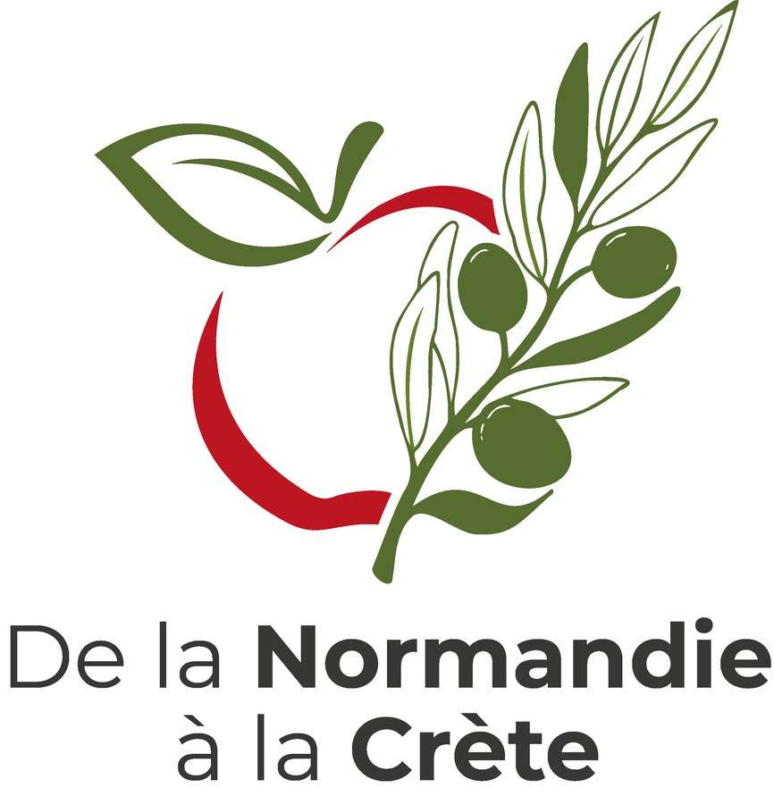 Dix ans de ponts entre la Normandie et la Crète 24 Logo de l'association De la Normandie à la Crète, une pomme normande et une branche d'olivier