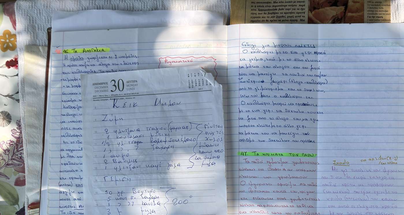 De vieux cahiers de recettes écrits à la main, ouverts sur une nappe brodée, pour le livre Grèce vegan